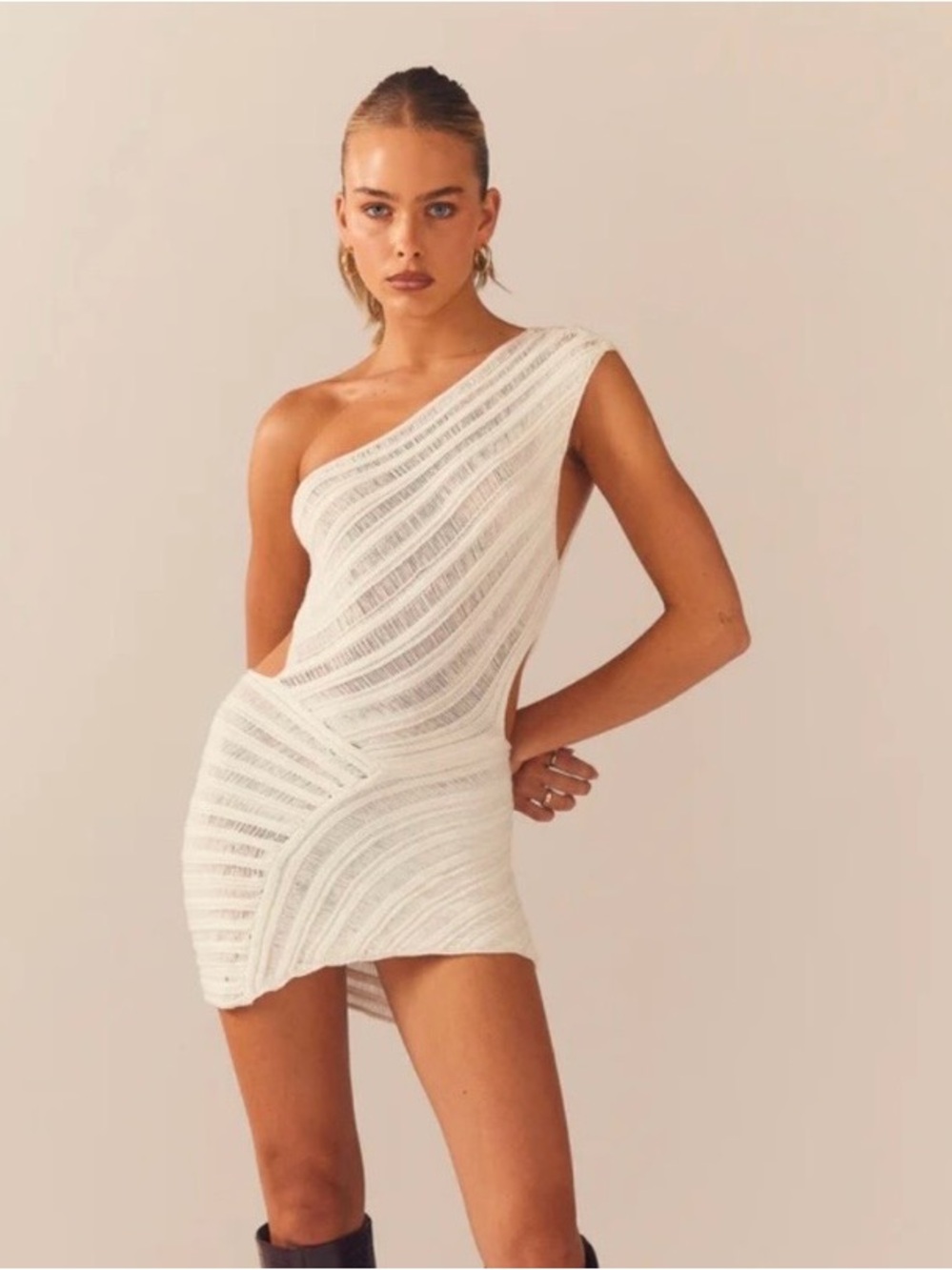 Peppermayo One-Shoulder White Knit Mini Dress